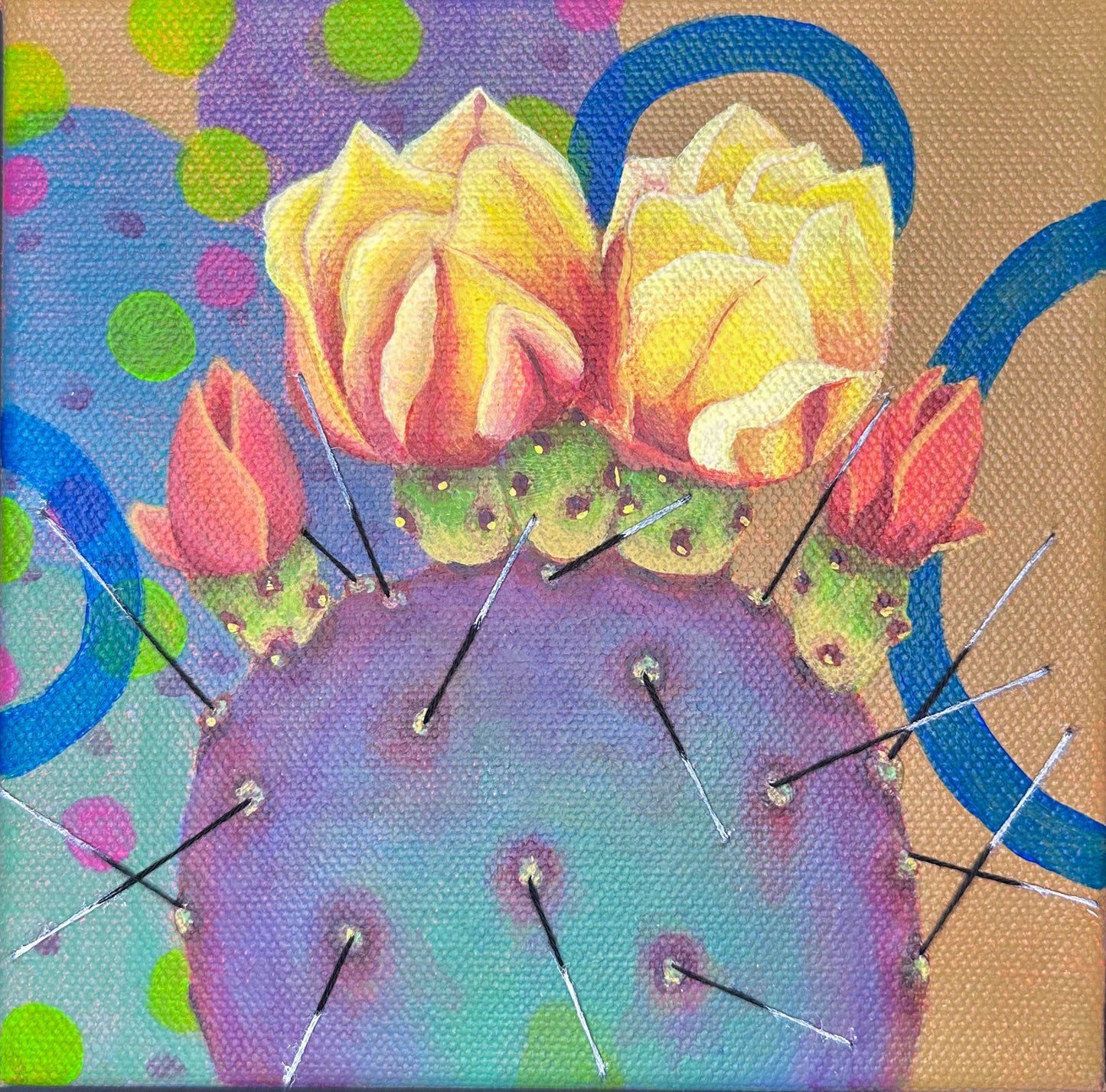 Colorful painting of a prickly pear cactus with flowers on an abstract multicolored background.