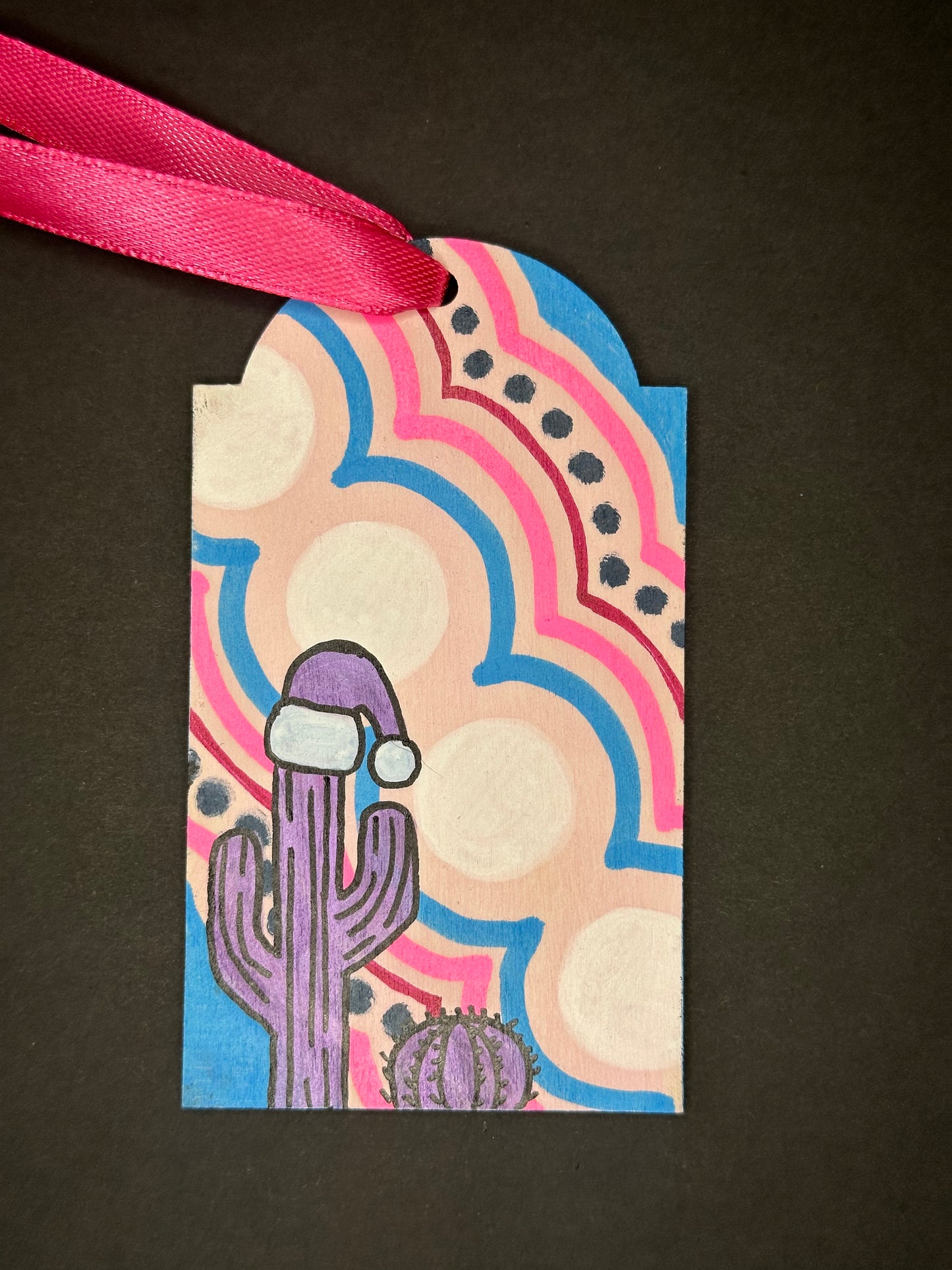 Pink and Blue Santa Saguaro Gift Tag Ornament