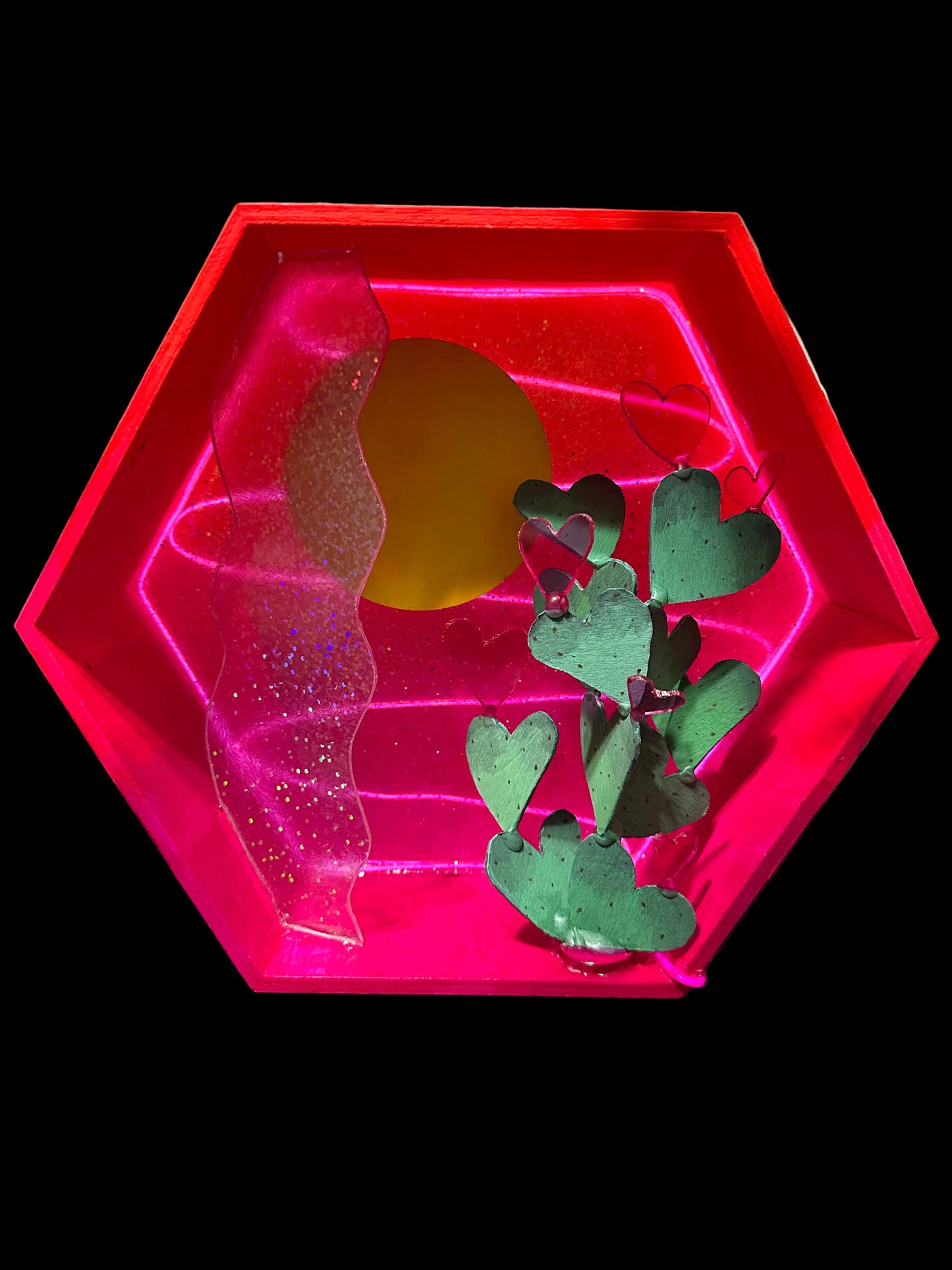 “Prickly Pear Hearts” Illuminated Shadowbox