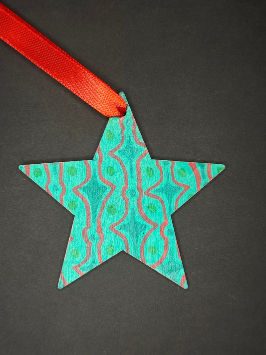 Red and Turquoise Pattern Star Ornament