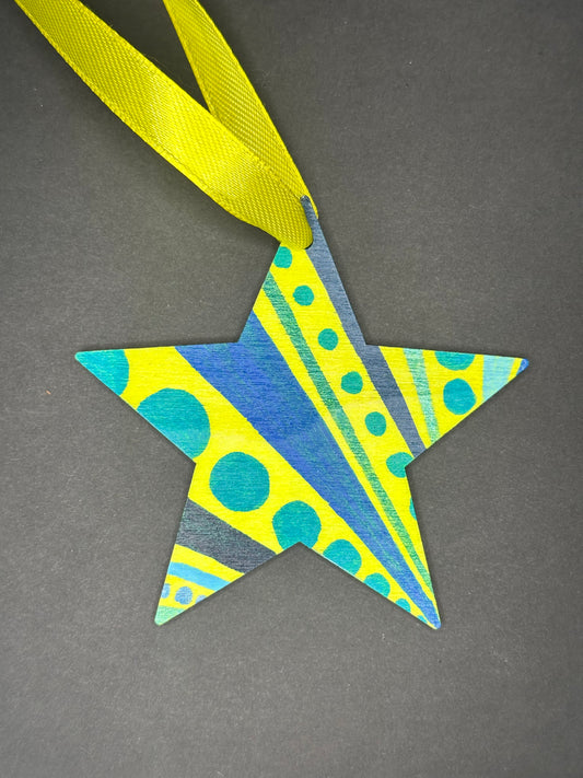 Yellow and Teal Pattern Star Ornament