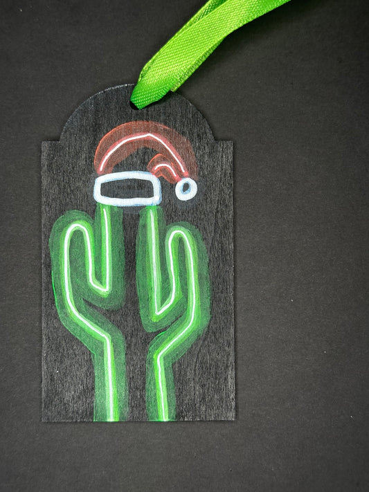 Green Neon Santa Saguaro Gift Tag Ornament
