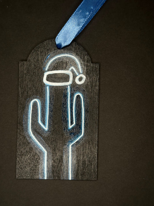 Blue Neon Santa Saguaro Gift Tag Ornament