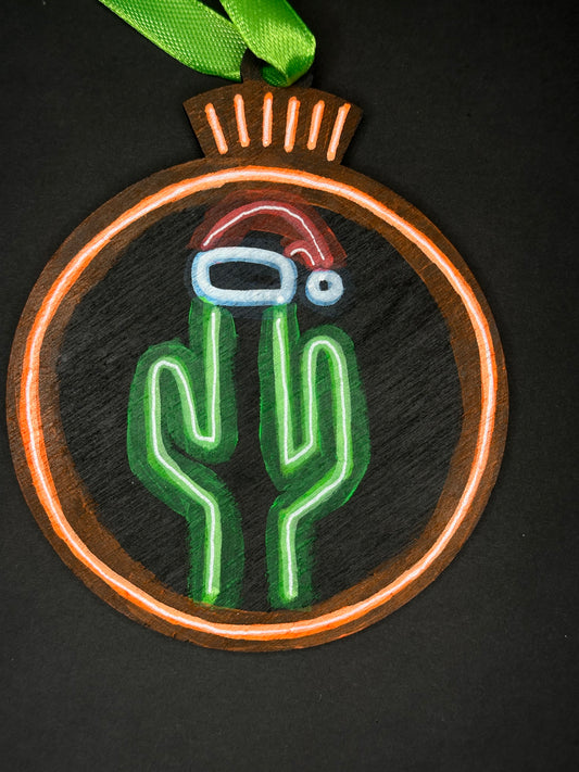 Neon Santa Saguaro Ornament (hat on head)