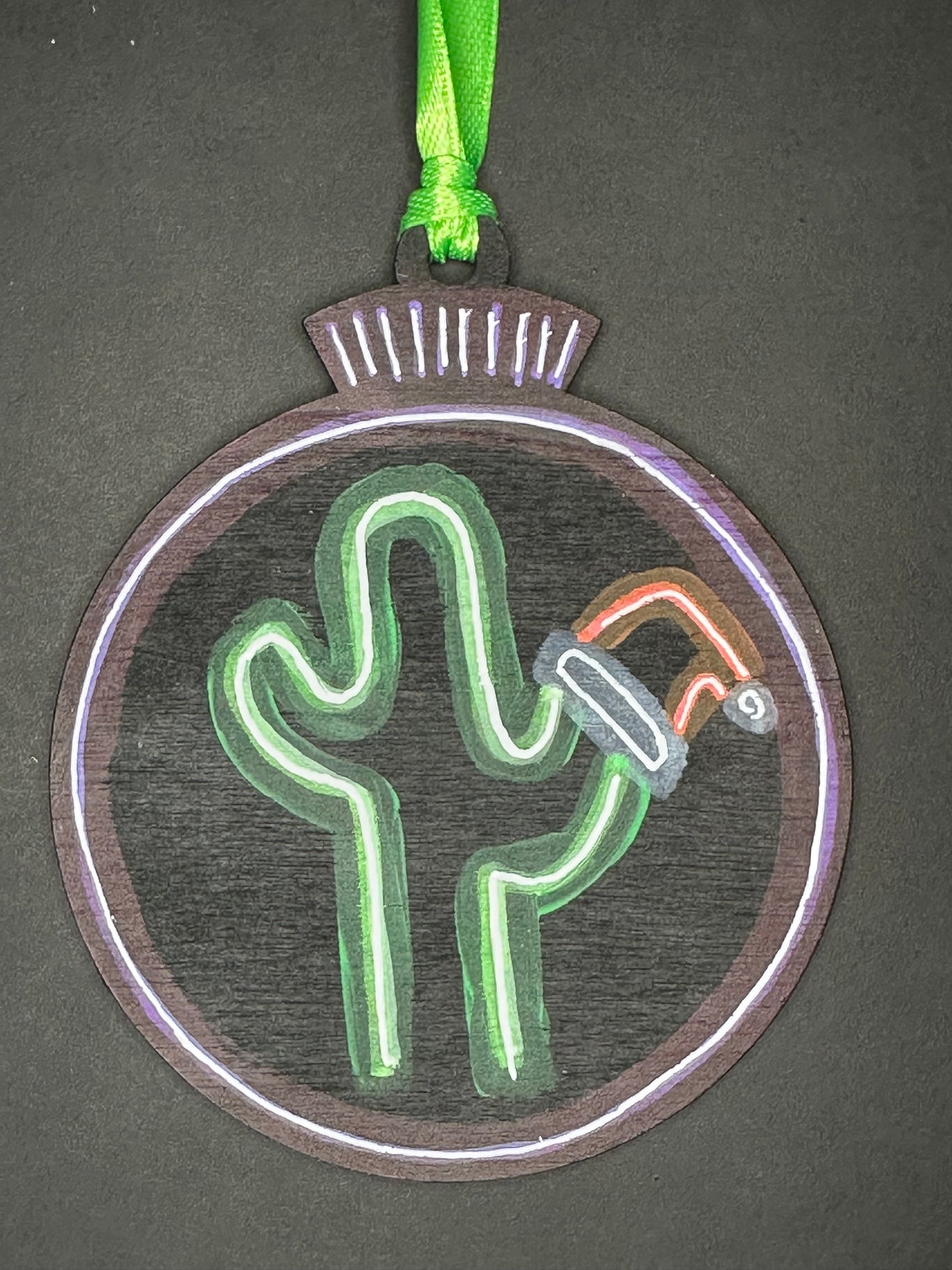 Neon Santa Saguaro Ornament (hat on arm)